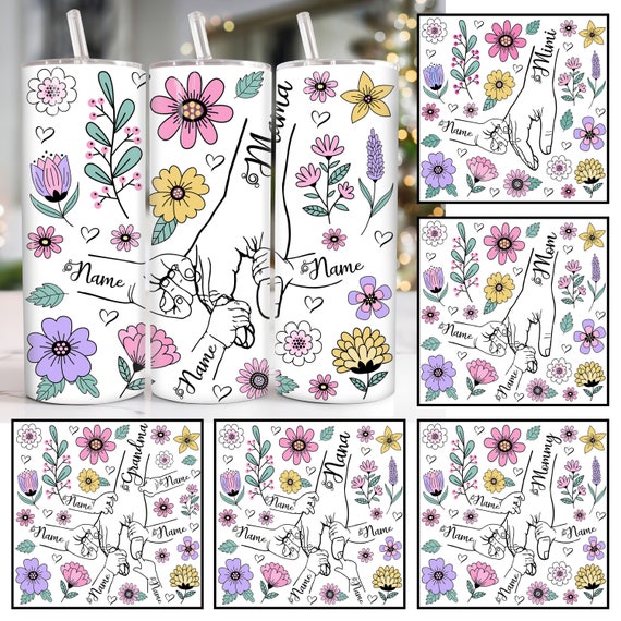 Custom Up to 6 Kids Holding Mom‘s Hand 20 oz Skinny Tumbler Png, Mothers Day 20oz Tumbler Png, Straight and Taper Tumbler Wrap