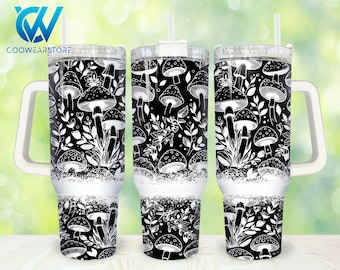 Boho 40oz Tumbler Wrap Png, Black and White Mushroom 2 pieces 40 oz Tumbler Png, Mushroom Tumbler 40oz Png Sublimation Designs