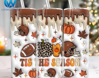 Tis the Season Football Inflated 20 oz Skinny Tumbler Wrap, Fall Football 20oz Tumbler Png, Football Puff Tumbler Wrap, 20oz Tumbler Wrap