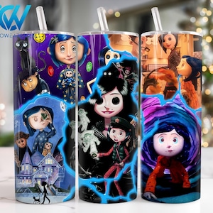 May include: Three stainless steel tumblers with straws, each featuring a colorful wraparound design from the animated film "Coraline." The designs include characters and scenes from the movie, with a blue and purple color scheme.