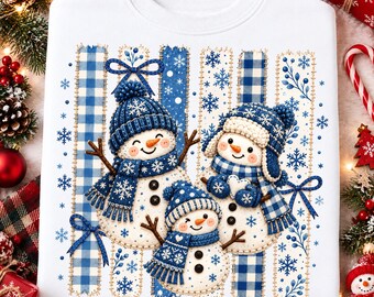 Blue Snowman Trio PNG, Faux Embroidered Christmas Png, Patchwork Snowflake Png, Blue Gingham Winter Png, Funny Snowman Png, Holiday Png