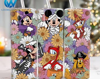 Halloween Mouse and Friends 20 oz Skinny Tumbler Wrap, Halloween Cartoon 20oz Tumbler Png, Floral Halloween Straight and Taper Tumbler Wrap