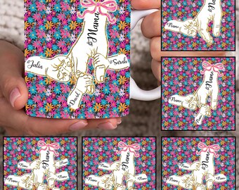 Aangepaste mok voor maximaal 6 kinderen met mama's hand, moksjabloon coquette mama bloemen 11 oz, mok mama 11 oz png, mokken moeder, koffiemokken moeder, sublimatie mok