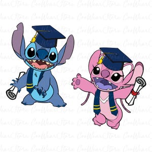 May include: Two cartoon characters, one blue and one pink, are depicted in a graduation theme. Both characters wear graduation caps and stoles, and hold diplomas. The blue character is smiling, while the pink character has an excited expression.