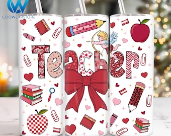 Valentines Teacher 20 oz Skinny Tumbler Png, Coquette Bow Teacher 20oz Tumbler Png, Teacher Life Tumbler Png, Teacher 20oz Tumbler Wrap Png
