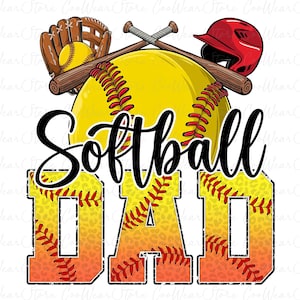 Op de afbeelding: Softball Dad-afbeelding met een gele softball, een rood-witte baseballpet en twee gekruiste knuppels. Het woord "Softball" staat in zwarte cursieve letters en het woord "DAD" staat in zwarte blokletters met een geel en oranje softball-patroon.