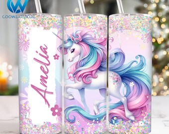 Unicorn 20 oz Skinny Tumbler Sublimation, Add your own name 20oz Tumbler Png, Custom Unicorn Straight and Taper Tumbler Wrap