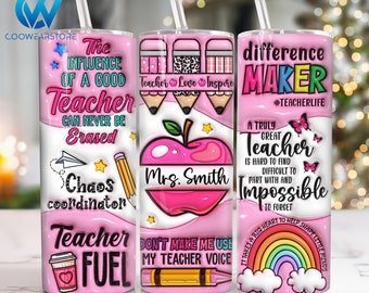 Custom Pink Teacher 3D Inflated 20 oz Skinny Tumbler Png, Teacher 20oz Tumbler Png, Teacher Life Tumbler Png, 3D Puff 20oz Tumbler Wrap Png