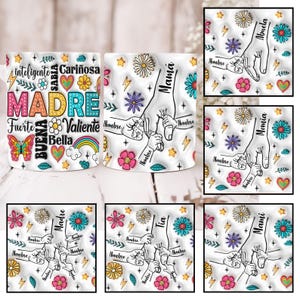 Taza inflada 3D personalizada con hasta 6 niños de la mano de mamá, taza Madre de 325 ml (PNG), taza Mamá de 325 ml (PNG), taza de café para mamá española, Día de la Madre en español