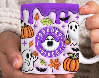 Spooky Vibes 3D Inflated Mug Wrap, Fall 11oz & 15oz Mug Template, Halloween 3D Puff 11oz Mug Png, 15oz Mug Png, Mug Designs, Coffee Mugs