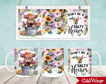 Highland Cow Flowers Mug Wrap, 11oz & 15oz Mug Template, Heifer 11oz Mug Png, 15oz Mug Png, Coffee Mugs Png, Mug Sublimation Design