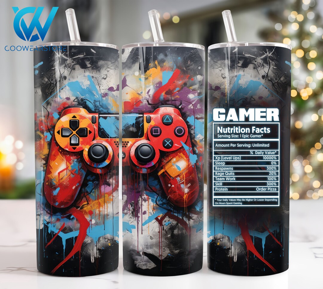 Gamer Nutrition Facts 20 Oz Skinny Tumbler Png, Neon Game Controller ...