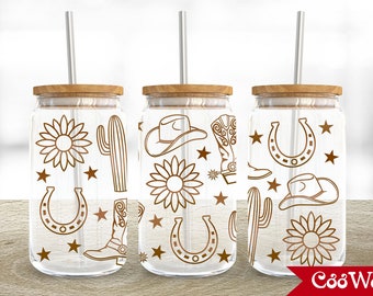 Cowboy 16 oz Glasdose Wrap, Cowboystiefel Hut Sonnenblume Kaktus 16 oz Glasdose Png, Wild 16 Unze Libbey Glasdose wickeln, 16 Unze Tumbler Wrap Png
