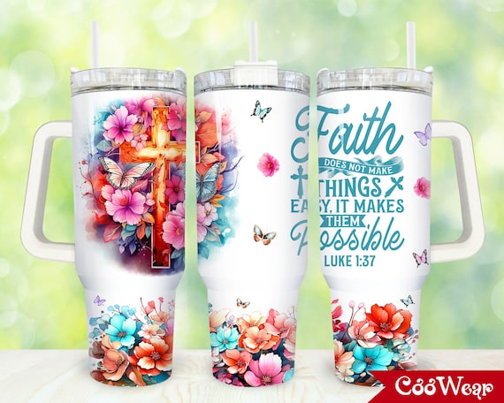 Faith Bible Verse 40oz Tumbler Png, Christian Cross Floral 2 pieces 40 oz Tumbler Wrap, Bible Verse 40 oz Tumbler Png Sublimation Design