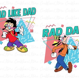 Könnte beinhalten: Zwei Comicbilder von Goofy im Retro-Stil der 80er Jahre mit geometrischen Formen und Text. Das erste Bild zeigt Goofy mit einer Brille und dem Text "RAD LIKE DAD". Das zweite Bild zeigt Goofy mit einem Lächeln und dem Text "RAD DAD".
