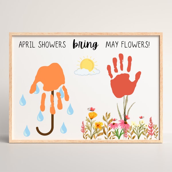 April showers bring May flowers craft | Handprint art | Baby handprint spring craft | Umbrella preschool craft | Teacher resources