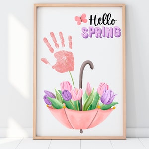 Hello spring craft | April showers bring May flowers handprint art | Umbrella flower craft | Baby handprint art printable craft