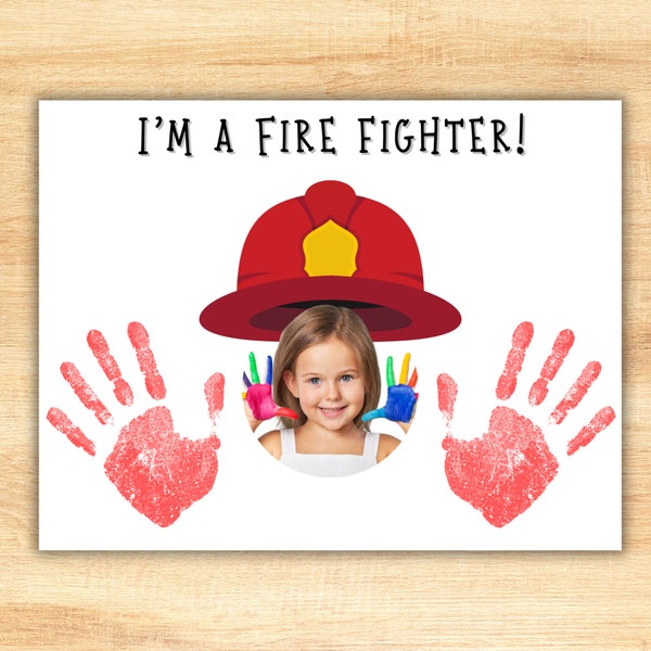 Preschool firefighter craft | Firefighter helmet keepsake | Hero handprint art | Firefighter dad preschool activities | Baby handprint