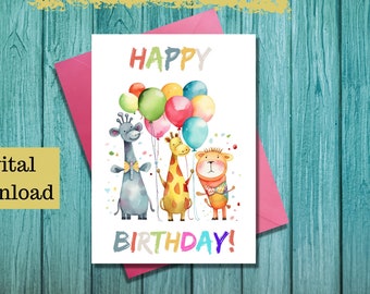 Carte d'anniversaire pour enfant, 3 animaux avec des ballons, Télécharger et imprimer