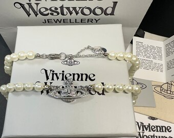 New In Box Vivienne Westwood Silver Pearl Choker Necklace Mini Bas Relief