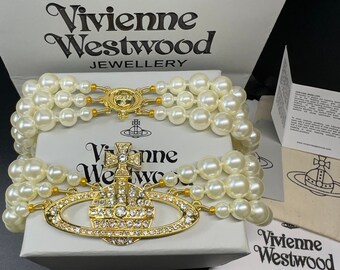 New In Box Vivienne Westwood Gold Pearl Choker Necklace Mini Bas Relief