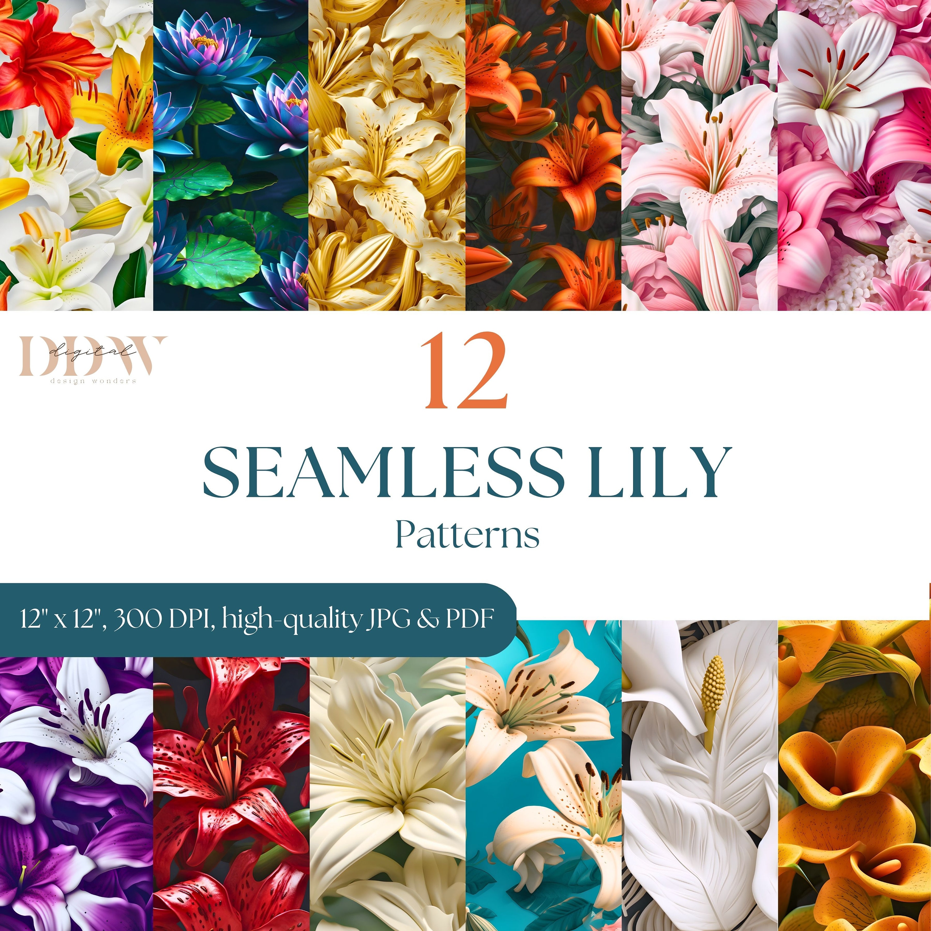 12 Seamless Lily Pattern Digital Paper Pack - 12x12in - Commercial Use ...