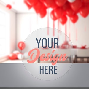Celebration background mockup, table mockup for product, birthday backdrop, air balloon red mockup, empty table for cup, digital background