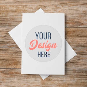 A6 customizable card on wooden floor mockup, neutral card, envelope greeting card mock ups minimal, blank white postcard portrait format