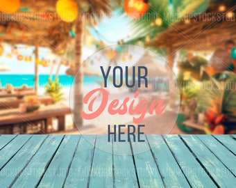 Bar Beach Hintergrund Mockup, Tropical Tisch Mockup für Produkt, Restaurant Kulisse, Sommer Mock up, leerer Tisch Strand, digital  Download