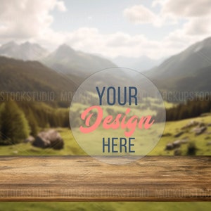 Outdoor tabletop background mock up, rustic wood table mockups for product, mountain stock photo, table background mockup, digital download