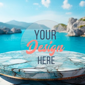 Marble background mockup, sea table mockup for product, beach marble backdrop, summer mock up, empty round table beach digital download