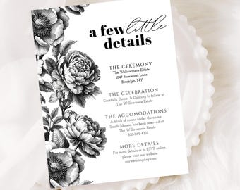 Plantilla de tarjeta de detalles de boda botánica, insertos de invitación de boda romántica, tarjeta de información de boda floral en blanco y negro imprimible W1