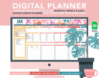 Google Sheets Digital Calendar Productivity Planner with Habit Trackers and To Do List Task Trackers to keep you organized