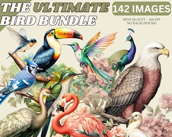 Watercolor Bird Clipart Bundle: 142 Floral PNGs (Commercial Use)