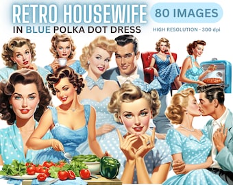 Retro Housewife Clipart Vintage 80 Images - 50s Clip Art Bundle, Blue Polka Dot Dress, Red Polka Dot Dress, Cooking, Junk Journal