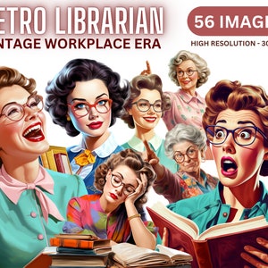 Clipart retrô de bibliotecário - clipart vintage do local de trabalho dos anos 50, bibliotecário retrô da velha escola, transparente, download instantâneo, PNG, Junk Journal