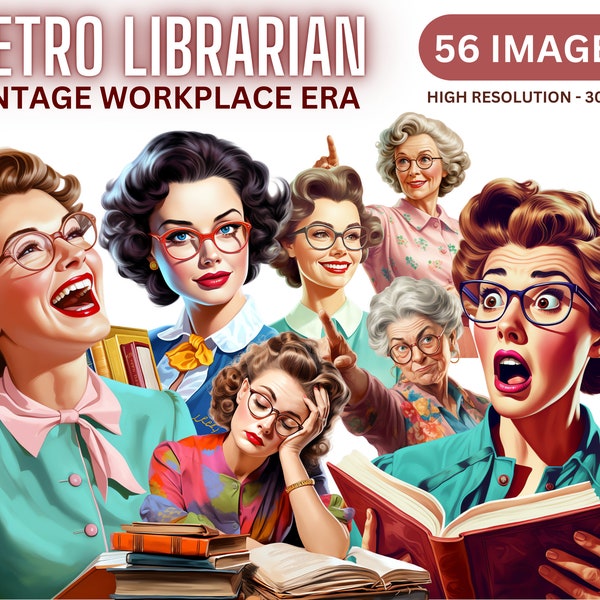 Retro Librarian Clipart - Vintage 50s Workplace Clip Art, Old School Retro Librarian, Transparent, Instant Download, PNG, Junk Journal