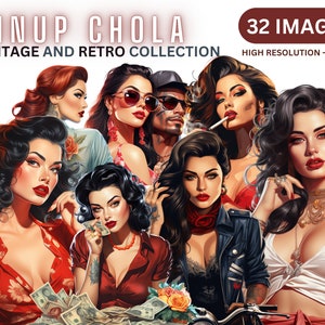 Pinup Chola Clipart - Retro Frauen Clip Art, Gangster, Old School Ära Illustrationen, Pin Up Gangster, transparent, kommerziell, Vintage Kunst