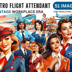 Retro Flight Attendant Clipart - Vintage Airlines Clip Art, 50s PNGs, 1950s Old School Work Field Illustrations, Retro Women, Junk Journal