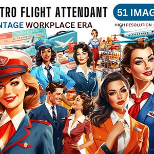 Clipart de comissário de bordo retrô - clipart de companhias aéreas vintage, PNGs dos anos 50, ilustrações de campo de trabalho da velha escola dos anos 1950, mulheres retrô, lixo eletrônico