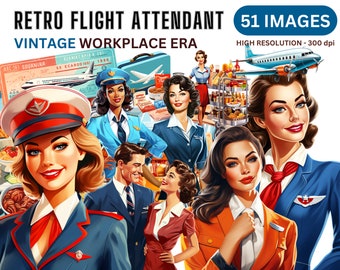 Retro Flight Attendant Clipart - Vintage Airlines Clip Art, 50s PNGs, 1950s Old School Work Field Illustrations, Retro Women, Junk Journal