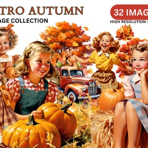 レトロな秋のクリップアート - 1950 年代のビンテージ クリップアート、オールドスクール クリップアート、秋のクリップアート、収穫の季節、カボチャ畑、スクラップブック、PNG
