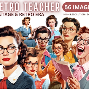 Retro Teacher Clipart - vintage Old School Clip Art des années 50, seconde guerre mondiale, Enseignant, School Clipart, Retro Jobs, Transparent PNGs, Instant Download
