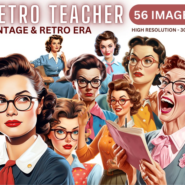 Retro Teacher Clipart - 50s Vintage Old School Clip Art, wwII, Teacher, School Clipart, Retro Jobs, Transparent PNGs, Instant Download