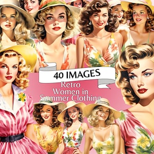 Mujeres retro y vintage en imágenes prediseñadas de sombrero de verano - Paquete de imágenes prediseñadas de color de agua de alta calidad Hot Day's Retro Women 1950s acuarela PNG