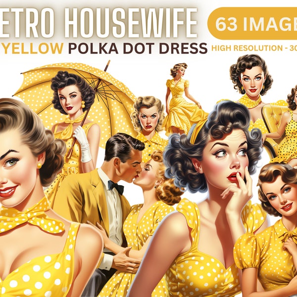 Retro Housewife Clipart Bundle - 50s Vintage Wife Clip Art, Yellow, Red, Retro Housewife, Vintage polka dot dress, Chores, Polka Dot, PNG