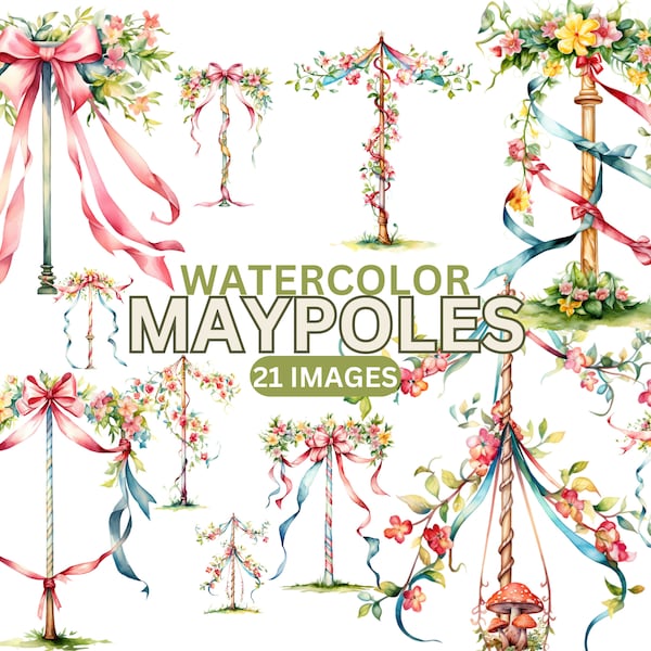 Watercolor Maypole Clipart - floral midsummer floral pagan and Christian clip art instant download PNG format commercial use