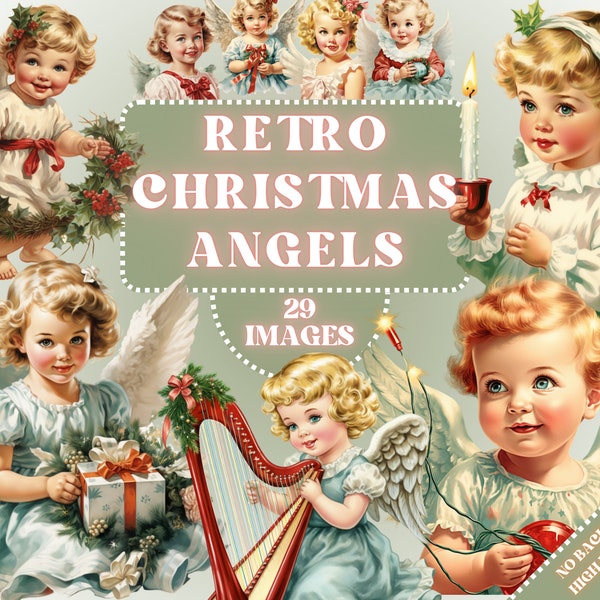 Retro Christmas Angel Clipart - Vintage Xmas Clip Art, Holiday Season Illustrations, Christmas Eve, Presents, PNG Bundle, Commercial