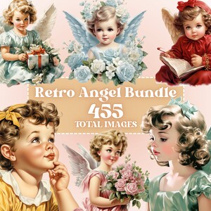 Puede incluir: Un collage digital de ilustraciones vintage con seis ángeles con alas. Los ángeles están representados con cabello rubio y visten diferentes atuendos, incluyendo un vestido azul, un vestido rojo y un vestido amarillo. El collage incluye el texto "Retro Angel Bundle 455 TOTAL IMAGES".