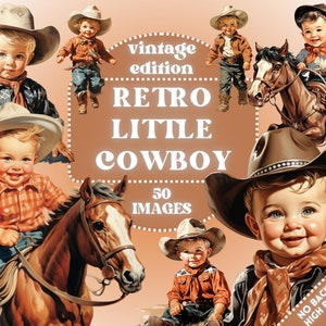 Retro Cowboy Clipart - Vintage Cowboy Clip Art, 50er Jahre Old School Illustrationen, Scrapbooking, Pferde, Junk Journal, Wild West, Werbung